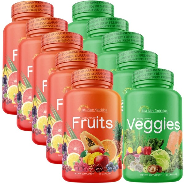 Just Ripe Nutrition Fruits and Veggies Supplement - 90 Fruit and 90 Vegetable Capsules - 100% Whole Natural Superfood - Filled with Vitamins and Minerals - Supports Energy Levels (5 Pack)