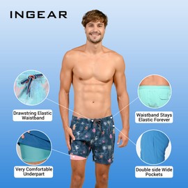 INGEAR Men's Swim Trunks with Compression Liner - 7 Inch Mens Swim Shorts for Swimming, Sports, and Outdoor Activities - Athletic Swimwear Bathing Suit Board Shorts (Large, Peachy Beachy)