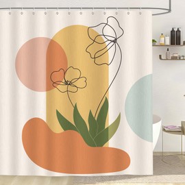 Dazzlewall Boho Shower Curtain Abstract Line Flower 180x180cm, Beige Wood Stripes Waterproof Bathroom Curtain, Mould Resistant Polyester Fabric with 12 Hooks