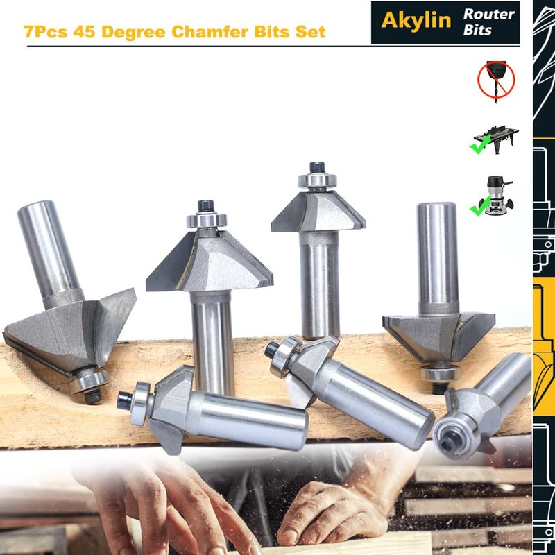 Akylin 7Pcs 45 Degree Chamfer Router Bit Set,1/2" Shank,1/4",5/16",3/8",1/2",5/8" 3/4"