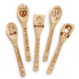 Levaukiem 5Pcs The Office Wooden Cooking Spoons, Bamboo Spoons for Cooking Kitchen Utensils Set, The Office Merchandise Decor Accessories, TV Show Merchandise Gifts for Fans Woman Cooks