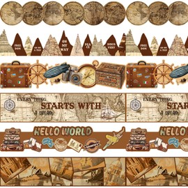 Whaline 59ft Let's Explore World Bulletin Board Border Travel The Map Voyage Self-Adhesive Border Trim Let The Adventure Begin Border Sticker Decal for Back to School Vintage Classroom Decor