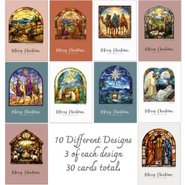 30 Religious Christmas Cards with 15 different Stained Glass Window Artistic designs and 30 Kraft Brown Envelopes made from Recycled Paper