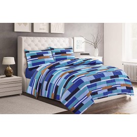 Night Zone Duvet Cover Set Max Blocks Blue Reversible Printed Easy Care Quilt Cover Bedding Set (Single)