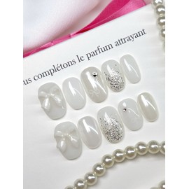 White wedding nail handmade nail tip - Round / 화이트 웨딩네일 수제네일팁 - 라운드