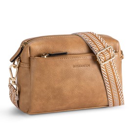 BOSTANTEN Small Crossbody Purse for Women Triple Zip Cell Phone Leather Handbag with Colored Shoulder Strap Camel Brown