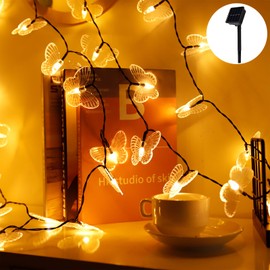 QHIHEDNES Butterfly Curtain Lights 22.97 ft 50 LED 8 Modes Solar Powered Butterfly Fairy Lights Decoration for Bedroom Patio Wedding Party Christmas Decor, Warm White