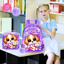 TXHVO 16" Girls Backpack, 3Pcs Dog School Bookbag with Lunch Box, Kids Backpacks for Elementary Preschool Kindergarten(Purple)