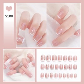 Press On Nails Long Coffin Bellarine Tapered full coverage glossy false Nails, Fake Arcylic press on nails hand manicure for women (Short-White Edge+Pink)
