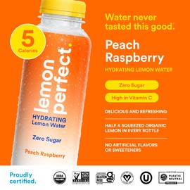 Lemon Perfect Peach Raspberry, Hydrating Flavored Lemon Water, Zero Sugar, Delicious and Refreshing, Organic, 15.2 fl oz Bottles (1-Pack)