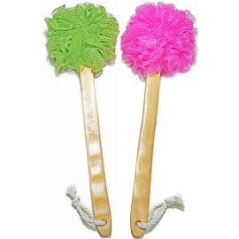 Shower Loofah Body & Back Scrubber - Exfoliating Loofah luffa loofa Bath Brush On a Stick - with Long Wooden Handle Back Brush for Men & Women - Easy Reach Body Wash & Lotion Applicator 2-Pack