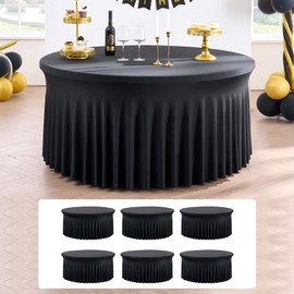 6 Pack Black Round Spandex Tablecloth 60 inch,Wrinkle Free High-Stretch 120 inch Round Table Cloths Fitted 5ft Tables,Ruffle Elastic Round Spandex Table Covers with Skirt for Party Wedding Banquet