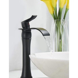 BATHLAVISH Vessel Sink Faucet Black Waterfall Tall Bathroom Matte Single Hole 1 Handle Farmhouse Vanity Lavatory for Basin with Pop Up Drain Assembly Without Overflow Lead-Free