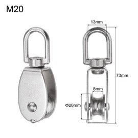 uxcell 4pcs M20 Single Pulley Block, 304 Stainless Steel Hanging Wire Towing Wheel, Lifting Crane Swivel Hook, Rope Cable Pulley Roller