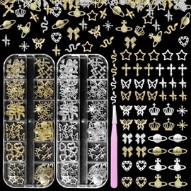144 Pcs Silver Gold Nail Charms Y2K, 3D Butterfly Bows Planet Nail Gems Charms, Heart Cross Star Metal Nail Jewelry Charms for Nails Art Design DIY Accessories