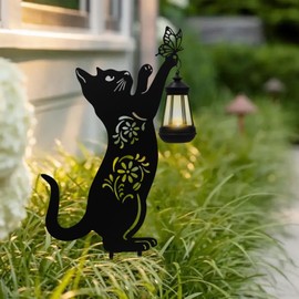 Neeenn Metal Cat Stake with Solar-Powered Light, Outdoor Solar Decorative Cat Stake, Black Cat Holding Solar Lantern Decor Stake for Outdoor Garden Lawn Yard