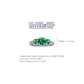 Silvershake Created Green Emerald 925 Sterling Silver 3-Stone Anniversary Engagement Ring for Women Size 5, 5, Sterling Silver Rhodium (White Gold Plated), Created Green Emerald Created Emerald Cubic
