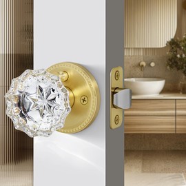 LOQRON Privacy Crystal Door Knob, Gold Vintage Crystal Door Knob with Privacy Lock, Glass Doorknob Interior for Bathroom, Bedroom, Satin Brass