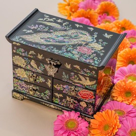 February Mountain Mother of Pearl Wooden Jewelry Organizer Box – Jewelry Storage Box for Women, Features Spacious Drawers, Ideal for Rings, Bracelets, Watches, Chains, Accessories (Peacock)