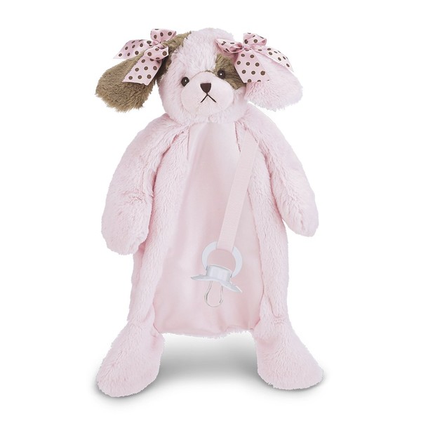Bearington Baby Wiggles Pacifier Pet, Pink Puppy Plush Stuffed Animal Lovie and Paci Holder, 15"