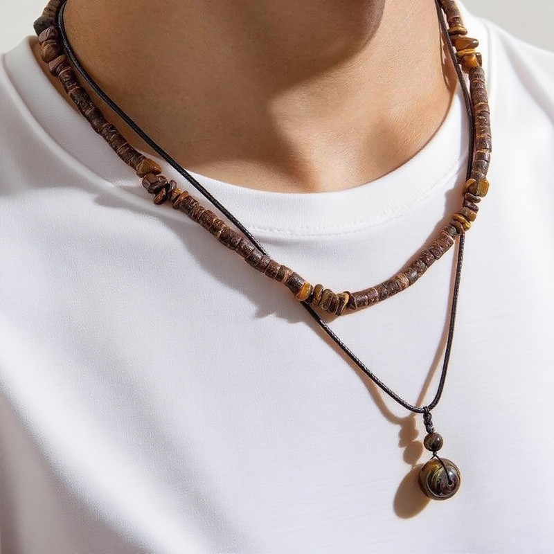 Drosemin Puka Shell Necklace for Men Summer Boho Surfer Brown