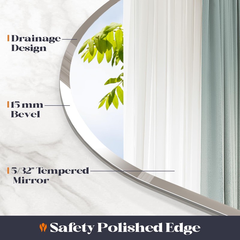 Brauthon Frameless Bathroom Mirror, 24" x 36" Arched Vanity Mirror