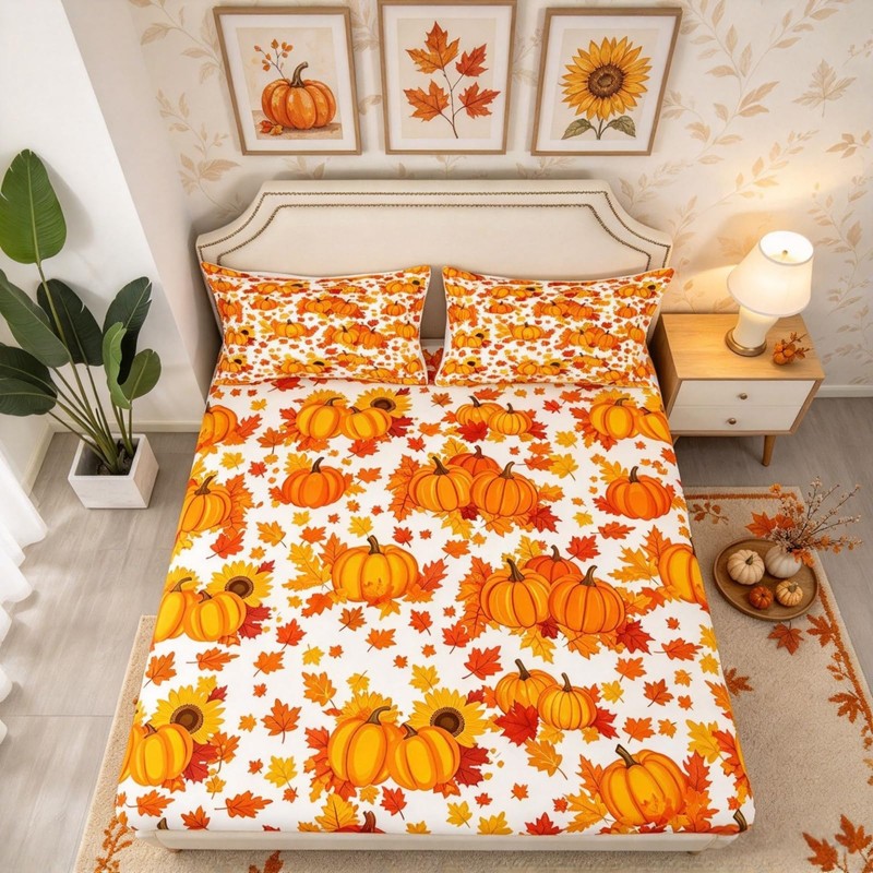 Fall Pumpkin Bed Sheets Queen Autumn Maple Leaves Bedding Set