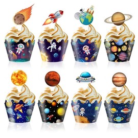 64Pcs Outer Space Cupcake Toppers and Wrappers, Astronaut Rocket UFO Satellite Planet Travel Space Themed Party Cupcake Decorations for Boys Girls Kids Happy Birthday Baby Shower Wedding
