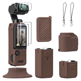 AMAZEAR Silicone Case Compatible with DJI OSMO Pocket 4, Pocket4 Accessories Soft Skin Protective Cover Combo with Tempered Glass Lens Screen Protectors, Silicone Base Stand, Brown