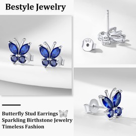 Bestyle Crystal Stud Earrings 925 Sterling Silver Girls Children Earrings with Synthetic Zirconia Birthstone Butterfly Earrings Comes in Jewellery Gift Box, Sterling Silver