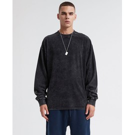Mens Oversized T Shirts Long Sleeve Shirts for Men Vintage Acid Wash T-Shirts Comfort Colors Crewneck Sweatshirt(Black L)