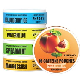 56mg Variety 5-Pack Watermelon, Peach Sweet Tea, Mango Crush, Blueberry Ice, Spearmint Caffeine Energy Pouches - 80 Pouches