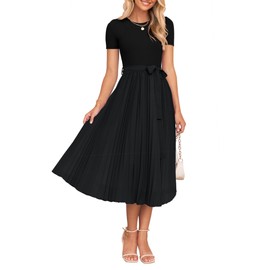 ZESICA Womens 2025 Summer Short Sleeve Midi Dresses Casual Crew Neck Knit Belted Pleated A Line Flowy Wedding Guest Dress,Black,Small