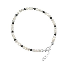 Gem Avenue Freshwater Pearl with Black Austrian Crystals 925 Sterling Silver 9 to 10 Inch Long Adjustable Anklet for Women