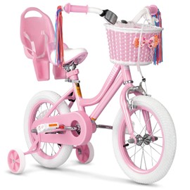 Glaf Kids Toddler Bike 12 14 16 20 Inch Girls Bike with Training Wheels Age 2-12 Years Old Toddler Girls Bike with Basket and Doll Seat Adjustable Seat (14 Inch with Training Wheels, Light Pink)