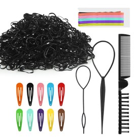 CZZXI 1000pcs Black Hair Elastics, Ponytail Brush, Bobby Pins, 10 Colors Hair Clips, Hair Threader Ponytail Accessories for Girls, Toddlers, Kids.