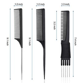 Paquete de 3 peines de carbón negro con punta de metal, peines para la espalda de salón, peine de carbono negro con elevación de acero inoxidable (est