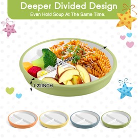 Domensi 8" Porcelain Kids Plates with Anti-slip Silicone Sleeve White Divided Porcelain Plates with Suction for Toddler Microwave Dishwasher Friendly(Light Yellow, Light Green, Orange, Blue,4 Pcs)