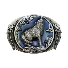 LAXPICOL Fashion Vintage Retro Wolf Belt Buckle For Men Western Cowboy Blue Enamel Grey Tone
