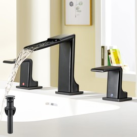 Lead-Free Black Bathroom Faucet 3 Hole - Waterfall 8-Inch Widespread Bathroom Faucet 304 Stainless Steel with Pop Up Drain, 2 Handle Vanity Faucets for Bathroom Farmhouse Sink, Restroom, Lavatory