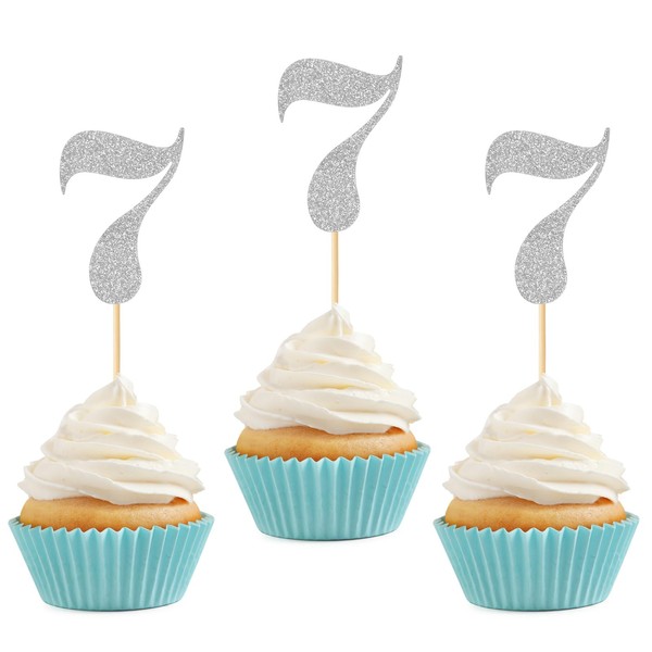 24 piezas de decoración para cupcakes de séptimo cumpleaños, con purpurina, número 7, para siete aniversario, 7 años, decoración de cupcakes, suministros de plata