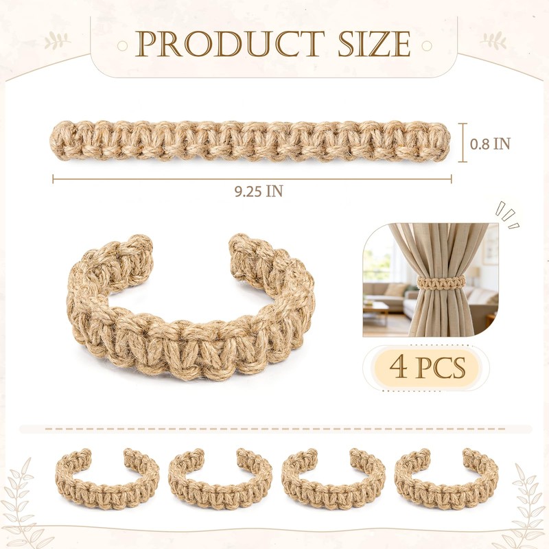 HOMEBROS Boho Curtain Tiebacks, Braided Curtain Holdbacks, Brown, 4 Pcs
