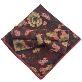 Retro Floral Pattern, Burgundy (Bow Tie & Pocket Square) 2-piece Set, Unisex, Women's, Men's, One-touch, Formal, Pattern, Retro, Modern, Floral Flower, Antique Style, Red, Amber, Bordeaux, red