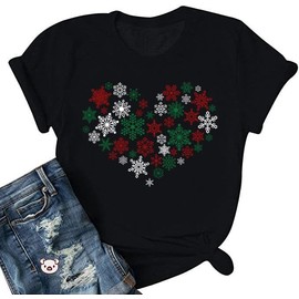 Womens Snowflake Tshirt Christmas Snow Heart Graphic Tee Winter Holiday Simple Top, Black, L