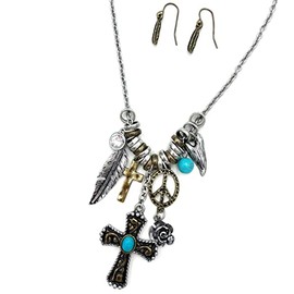 Western Peak Western Cross Rose Turquoise Rhinestone Gold Silver Charms Necklace with Earrings Set (Peace)