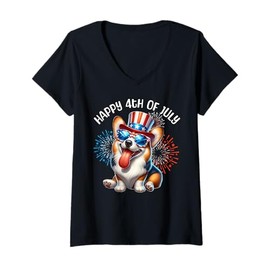 Womens Happy Fourth of July Corgi July 4th Corgi V-Neck T-Shirt