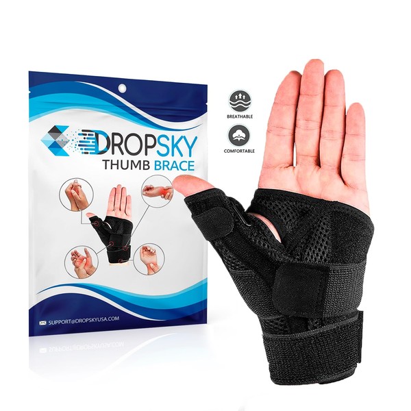 DropSky Thumb Support Brace - Thumb Splint - Thumb Stabilizer for Men and Women - Right Hand and Left Hand, Reversible - Arthritis Pain and Support - Carpal Tunnel - Immobilizer Wrist Strap -One Size Fits Most 1-Pack (Black)