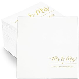 Mr & Mrs Servilletas de papel con detalles de lámina dorada para bodas (12.7 x 12.7 cm, paquete de 100)