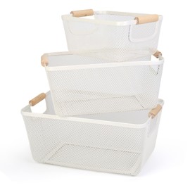 Wire Metal Mesh Basket Organizer with Wooden Handle, Large, Medium, Small, Suitable for Kitchen, Bar, Living Room, Bathroom, etc. Storage and Organization (White) 3pcs