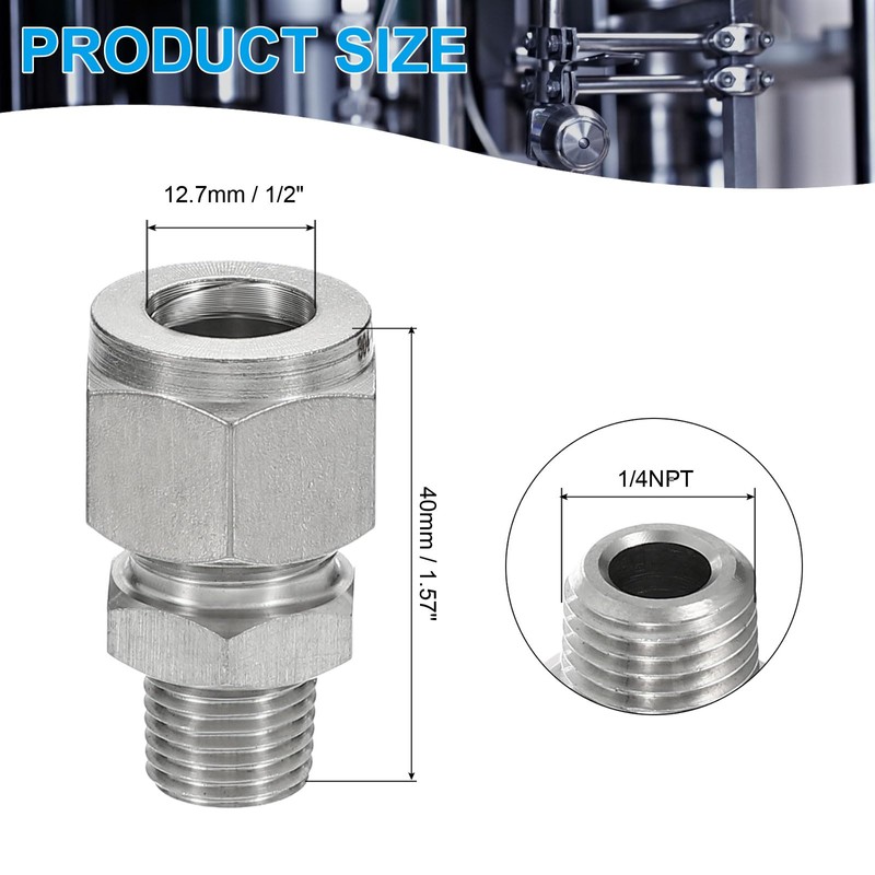 PATIKIL 1/4NPT x Φ1/2" 304 Stainless Steel Compression Tube Fitting,